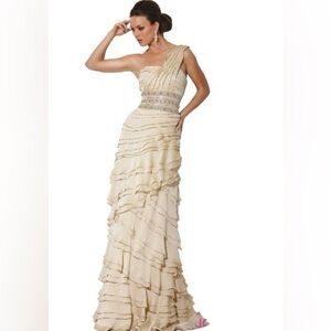 Jovani Cream One-Shoulder Ruffle Dress